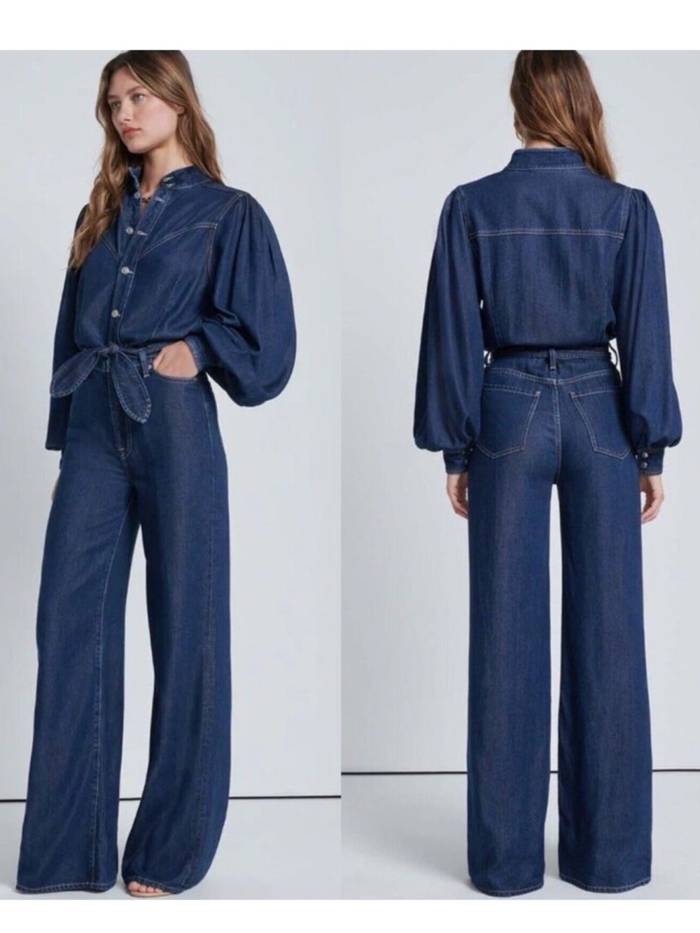 7 For All Mankind Jo Denim Jumpsuit Western Puff Sleeve Tie Waist Wide Leg $378